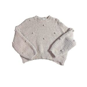 Vestique Pink Bobble Knit Sweater Large Balloon Sleeve Pom Pom Cropped Soft Girl